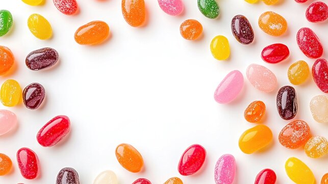 Colorful oval-shaped jellybeans form a border around a white background, creating a vibrant and sweet frame