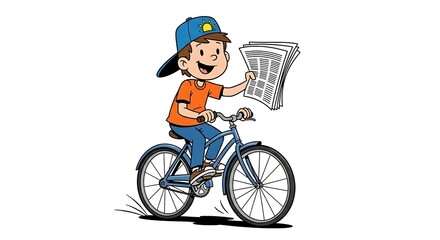 Cartoon child newspaper delivery with bike and cap, holding a newspaper. Active retro-style character on white background.