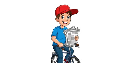 Obraz premium Cartoon child newspaper delivery with bike and cap, holding a newspaper. Active retro-style character on white background.