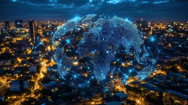 Global network sphere over city lights