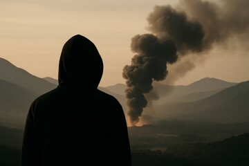 Silhouette of hooded person watching dark smoke rise from distant explosion in mountains during twilight.