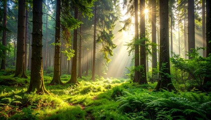 Fototapeta premium Magical forest sunbeams, sunlight filters through lush trees creating enchanting scenery