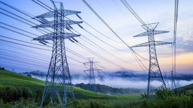 Scenic Power Lines at Sunrise Over Misty Green Landscape