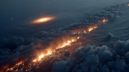 A fiery nebula glows vividly in space, with two mysterious black holes hovering above a barren planetary surface. Cosmic drama unfolds in this surreal sci-fi vertical composition. Caption space on the