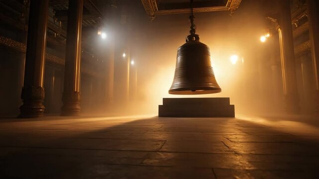 Ancient bronze temple bell in mystical golden light surrounded by pillars, symbolizing sacred rituals and spiritual awakening

