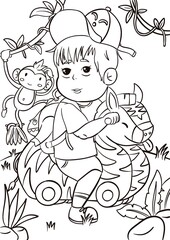Jungle Adventure Coloring Page – Boy Riding Toy Zebra with Monkey Friend