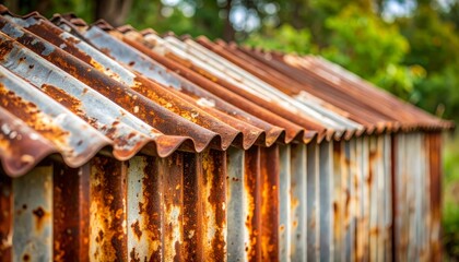 Rusty corrugated metal roof, texture, decay, and architectural detail in aged industrial design