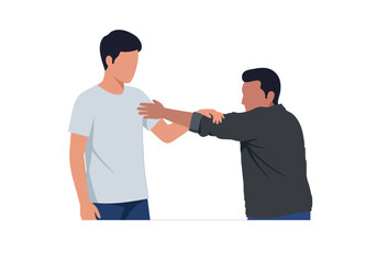A man demonstrates an arm block technique to a younger man. Clear, instructional illustration. Focus on body positioning and technique.