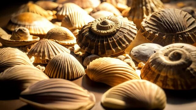 Detailed close-up of various seashells and small pebbles, emphasizing texture, spiral patterns, and warm neutral tones, ideal for coastal or nature-themed designs.