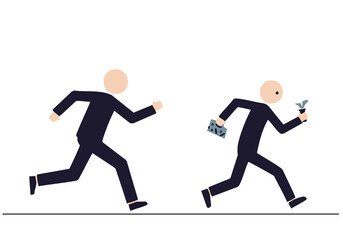 Two figures chase, one holding a briefcase, the other fleeing. A stark visual representation of 'Chase Stop'. Clean, minimalist illustration.