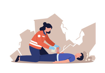 Paramedic provides first aid to a fallen person amidst a simulated earthquake scene.  Clear, impactful illustration.  Focus on rescue and emergency response.