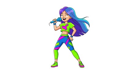 Fototapeta premium Cartoon girl singer in shiny outfit with microphone, striking a stage pose. Pop star child character on white background.