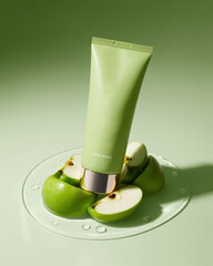 Green "FACE WASH" tube with fresh green apple slices and water drops on a clear glass plate.
