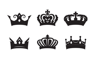 Set of black king crowns. Outline Icons isolated