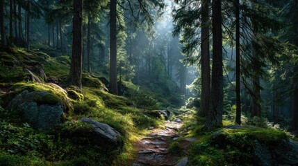 Fototapeta premium Enchanting pathway through a dense green forest with sunbeams piercing through canopy