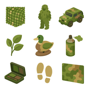 Camouflage Icon Set. Isometric Flat icon set of camouflage and concealment: camo netting, ghillie suit, camouflaged vehicle,
