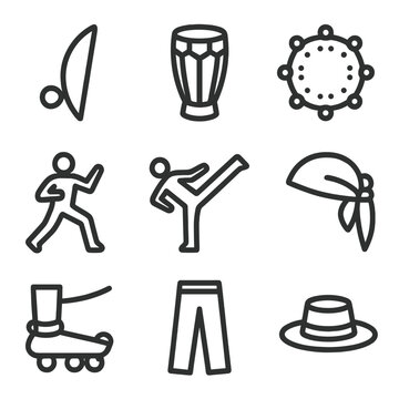 Capoeira Icon Set. Outline icon set of capoeira and martial dance: berimbau, atabaque drum, roda circle, ginga pose, meia-lua kick