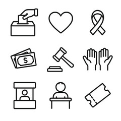 Charity Icon Set. Outline icon set of charity fundraisers: donation box, heart symbol, helping hand, charity ribbon, money stack,