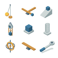 Classical Mechanics Icons. Isometric Flat icon set of classical mechanics elements: pendulum, lever, inclined plane, pulley, mass