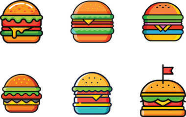 Hamburger Icon Set | Colorful Flat Vector Fast Food Icons with Black Outline for Restaurant and Delivery Design