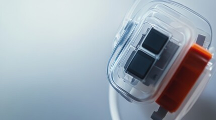 A detailed close-up of an insulin pump attached to a patient against a neutral background, macro shot, Minimalist style