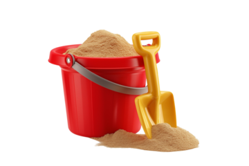 Red bucket and yellow shovel holding sand on transparent background, children's beach toys