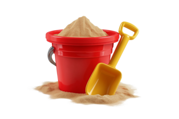 Red bucket and yellow shovel holding sand on transparent background, children's beach toys