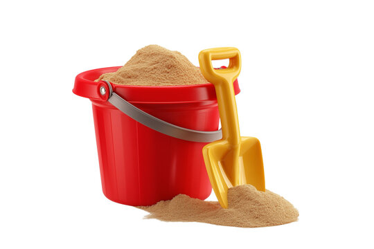 Red bucket and yellow shovel holding sand on transparent background, children's beach toys