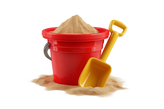Red bucket and yellow shovel holding sand on transparent background, children's beach toys