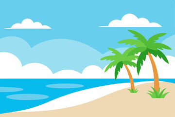 Fototapeta na wymiar Tropical Beach Paradise Palm Trees, Ocean, and Sunny Sky Illustration