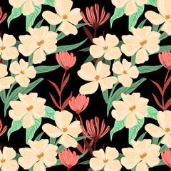 Seamless flower pattern. Abstract pattern. Textile print pattern. Black background.