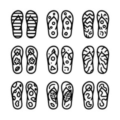 Flip-Flop Icon Collection. Outline icon set of flip-flop patterns: stripes, polka dots, chevron, floral print, geometric shapes,