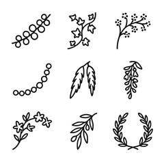 Fototapeta premium Floral Garland Icons. Outline icon set of floral garlands: eucalyptus strand, ivy vine, baby’s breath chain, globe amaranth string