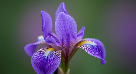 Close-up of a beautiful purple iris flower with water droplets, showcasing delicate petals and vibrant colors in a natural setting.