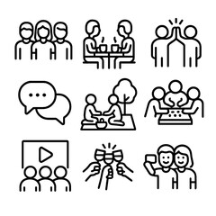 Friendship Icon Set. Outline icon set of friendships and socializing: group of friends, coffee meetup, high-five gesture, shared