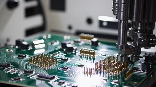 Robotic arm placing components on circuit board in electronics factory