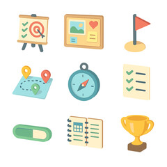 Goal Planning Icons. Isometric Flat icon set of goal setting and planning: goal board, vision board, milestone marker, roadmap,