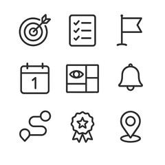Obraz na płótnie Canvas Goal Setting Icons. Outline icon set of goal setting: target bullseye, checklist, flag marker, calendar date, reminder bell,