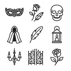 Fototapeta premium Gothic Masquerade Icons. Outline icon set of gothic masquerade style: black lace mask, dark rose, skull mask, velvet cloak, raven