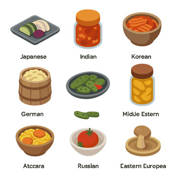 Global Pickles Icons. Isometric Flat icon set of cultural pickles worldwide: Japanese tsukemono plate, Indian achar jar, Korean