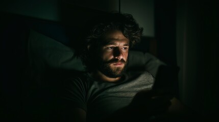 Obraz premium Man reading breaking news on smartphone in a dark room; concept of crisis communication, media anxiety, and real-time updates