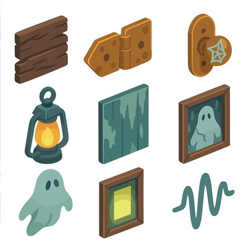 Haunted House Icons. Isometric Flat icon set of haunted house door elements: creaky wooden plank, rusty hinge, cobwebbed knob,