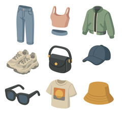 Influencer Fashion Icons. Isometric Flat icon set of influencer street style outfits: high-waisted jeans, crop top, bomber jacket,