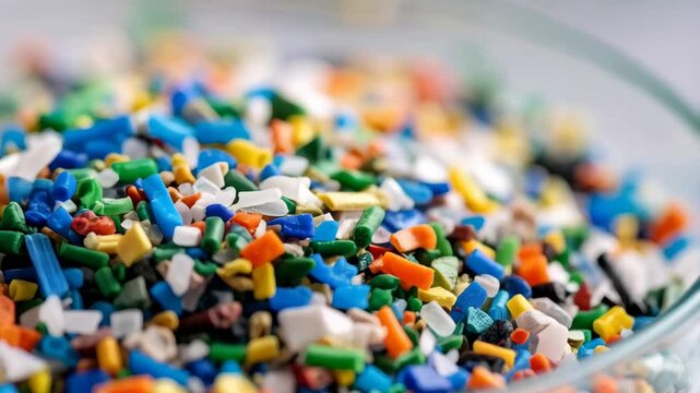 Close-up of colorful plastic regrind pieces in a glass bowl, showcasing material recycling and waste reduction efforts