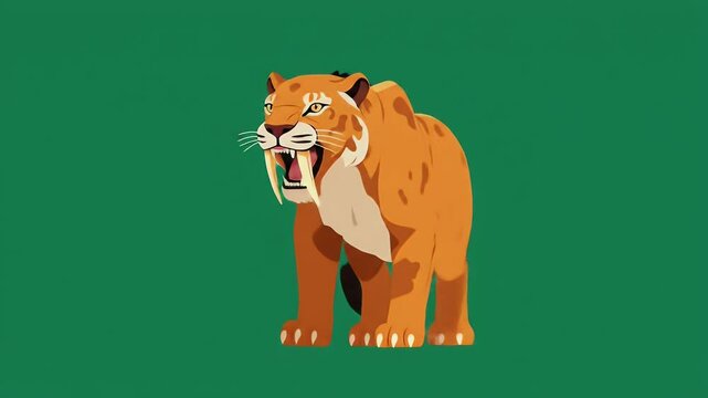 Animated Prehistoric Saber-Toothed Cat on Green Background