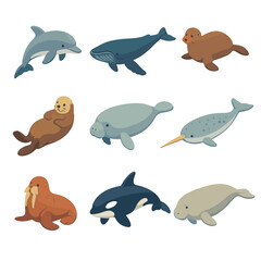 Obraz premium Marine Mammal Icon Grid. Isometric Flat icon set of marine mammals: dolphin, humpback whale, seal, sea otter, manatee, narwhal,