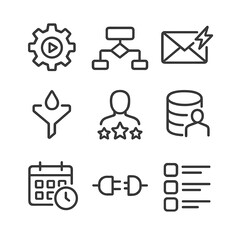 Marketing Automation Icons. Outline icon set of marketing automation: gear with play symbol, workflow flowchart, email trigger,