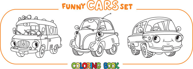 Funny vintage buses with eyes. Coloring book set
