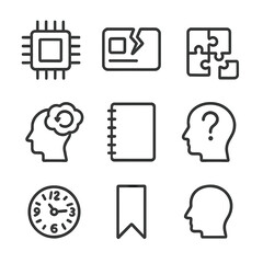 Memory Icons Grid. Outline icon set of memory impairment: memory chip, broken card, missing puzzle piece, recall thought cloud,