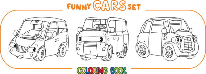Funny vintage cars with eyes. Coloring book set
